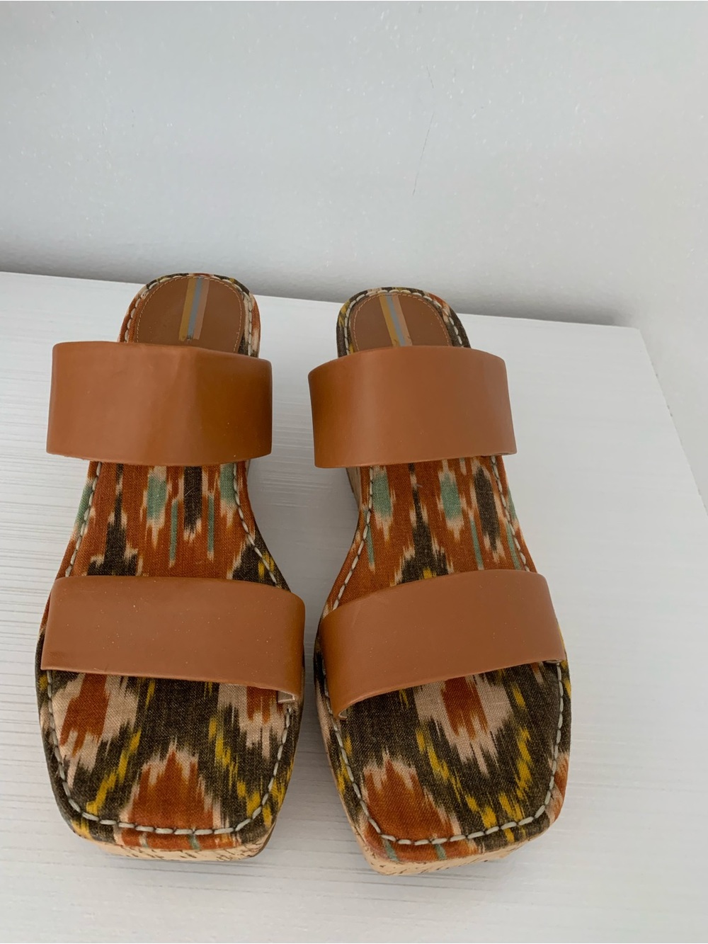 Sam Edelman Tan Leather-Trim Slide Sandals with Multi Ikat Footbed